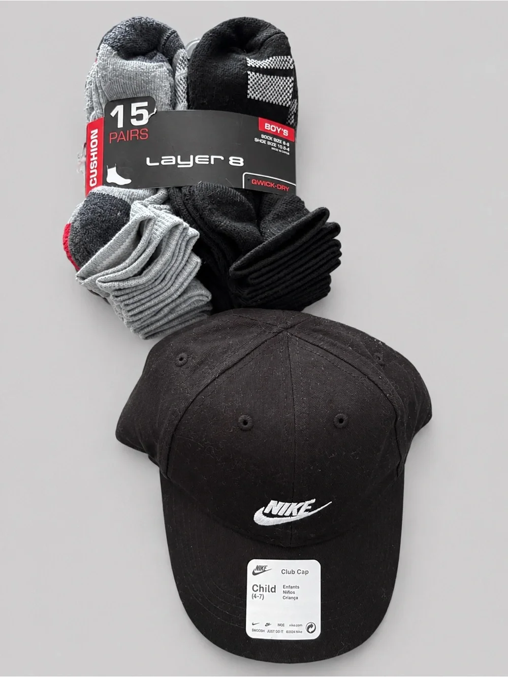 Layer 8 Boys 15-Pack Athletic Socks in Black, Gray & Red - Cushion Crew